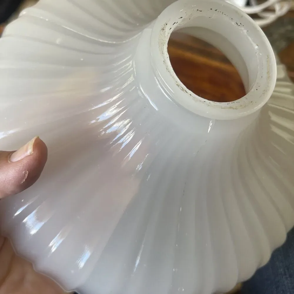 Vintage Opalescent Ribbed Milk Glass Pendant Light Shade Antique Opaline Bell~9